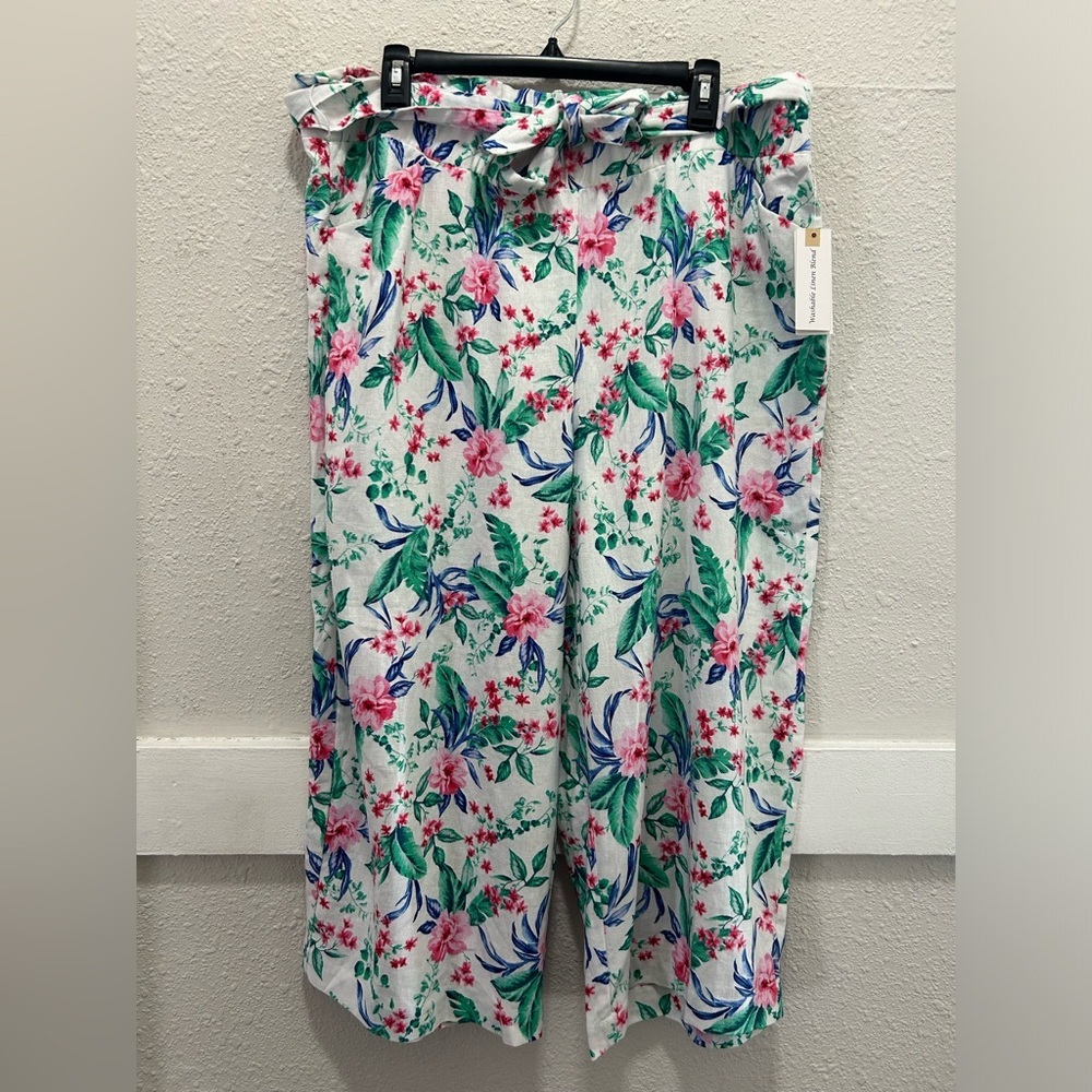 Land' n Sea Linen Blend Belted Tie Waist Tropical Floral Cropped Pants NWT XL